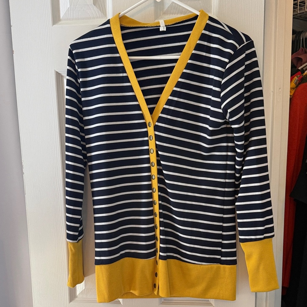 Striped Cardigan with Yellow Trim